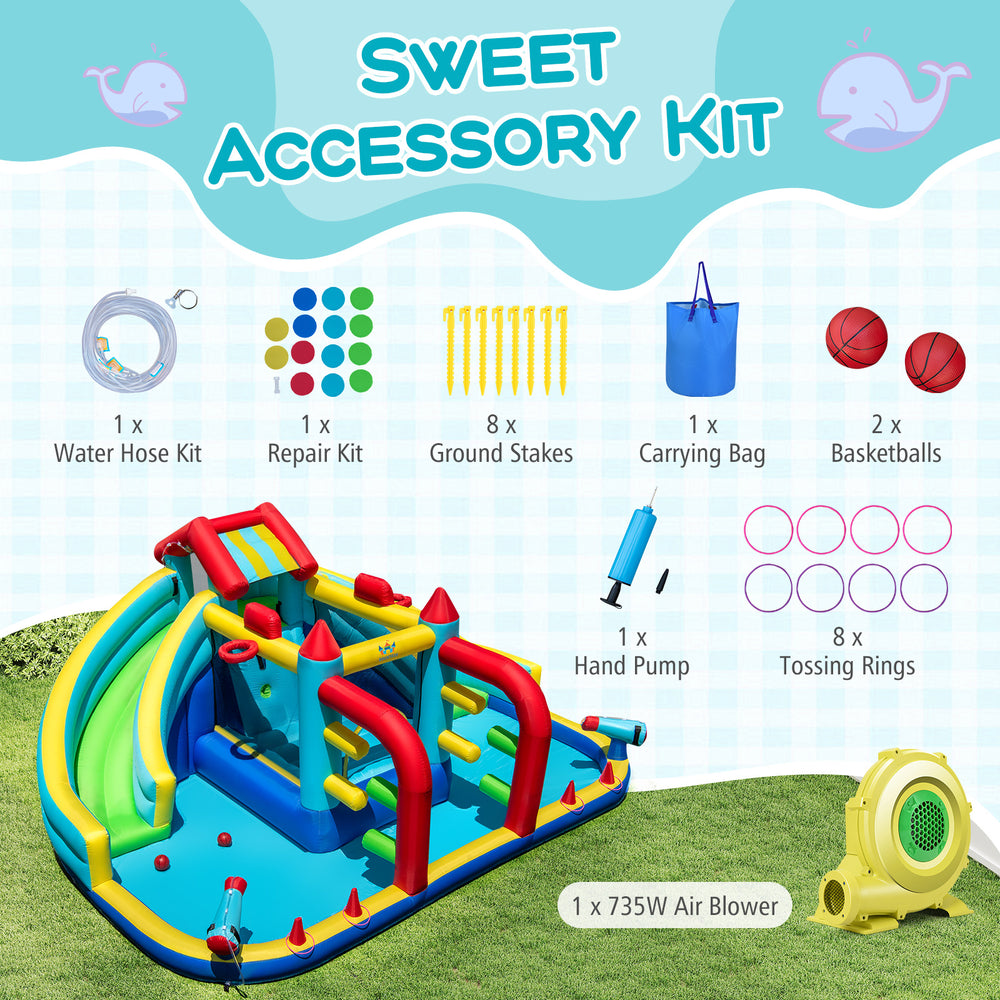 Inflatable Double Water Slide Park with obstacle course, 735W blower, and sweet accessory kit for year-round fun.