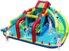 Inflatable Double Water Slide Park showcases a spacious jumping house, climbing wall, and secure mesh net for safe play.