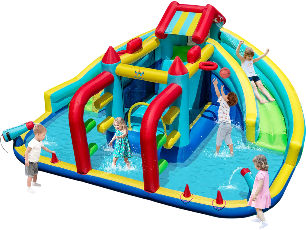 Inflatable Double Water Slide Park showcases a spacious jumping house, climbing wall, and secure mesh net for safe play.
