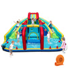 Inflatable Double Water Slide Park with climbing wall, water cannons, and basketball hoops for outdoor fun.