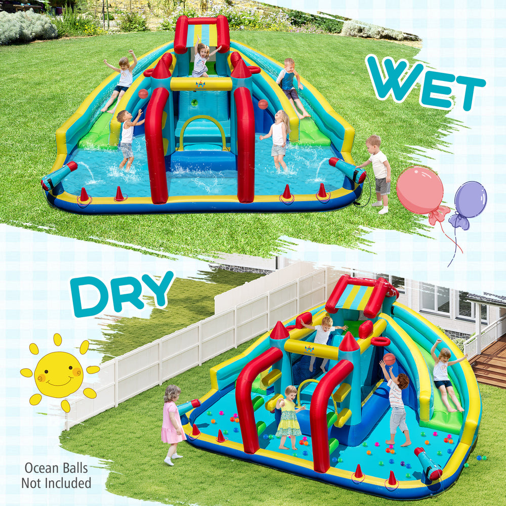 Inflatable double water slide park with obstacle course, featuring wet and dry play options for year-round fun.