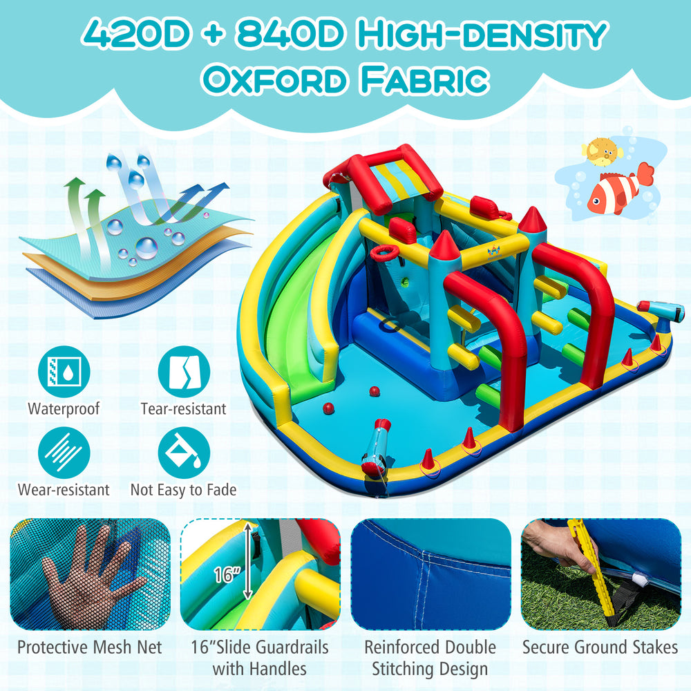 Inflatable Double Water Slide Park with dual slides, obstacle course, and 420D Oxford fabric for year-round fun.