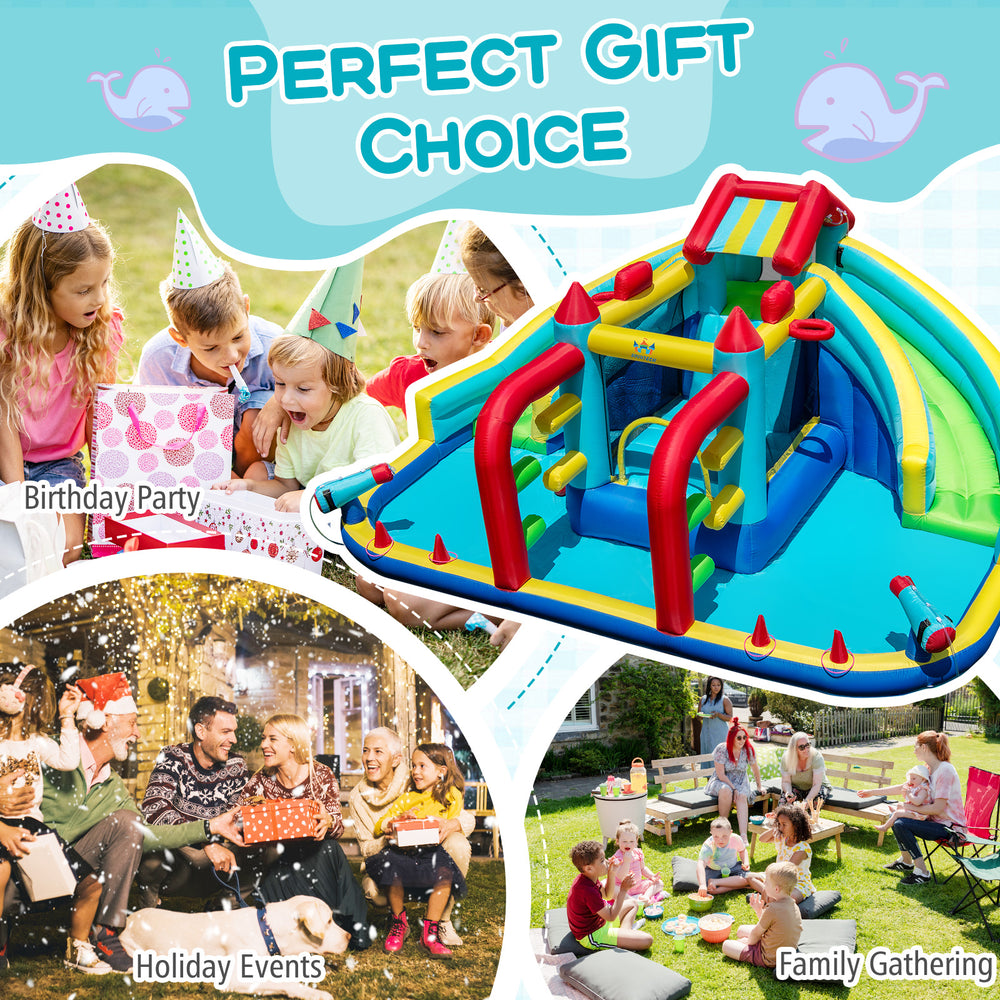 Inflatable Double Water Slide Park with obstacle course and water cannons, perfect for birthday parties and family.