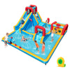 Inflatable Double Water Slide Park features a long slide, climbing wall, and water cannon for kids' outdoor fun.