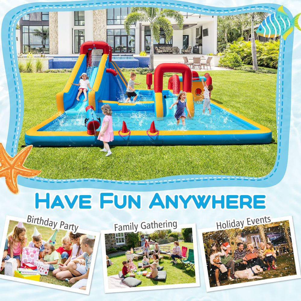 Inflatable Double Water Slide Park with water slide, climbing wall, and games, perfect for birthday parties and family.