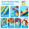 Giant inflatable water park featuring a long slide, climbing wall, and water cannon for outdoor fun and excitement.