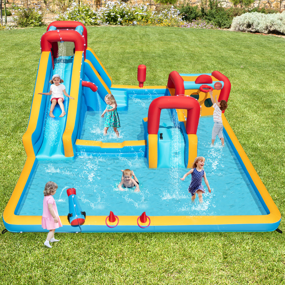 Inflatable Double Water Slide Park with water slide, climbing wall, and games, perfect for outdoor fun and parties.