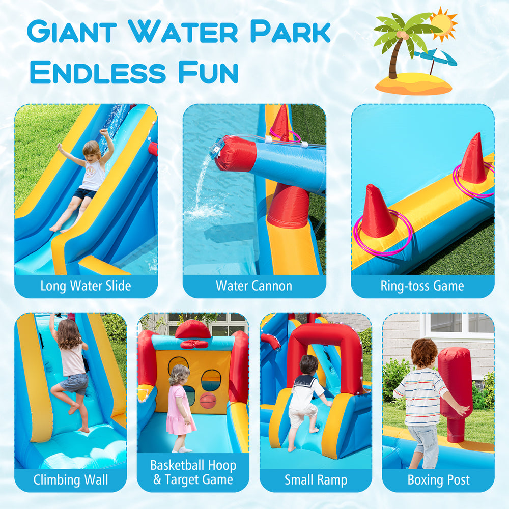 Giant inflatable water park featuring a long slide, climbing wall, and water cannon for kids' outdoor fun.