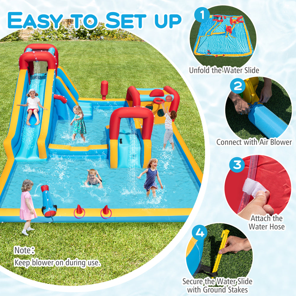 Inflatable Double Water Slide Park featuring a long slide, climbing wall, and water cannon for outdoor fun and.