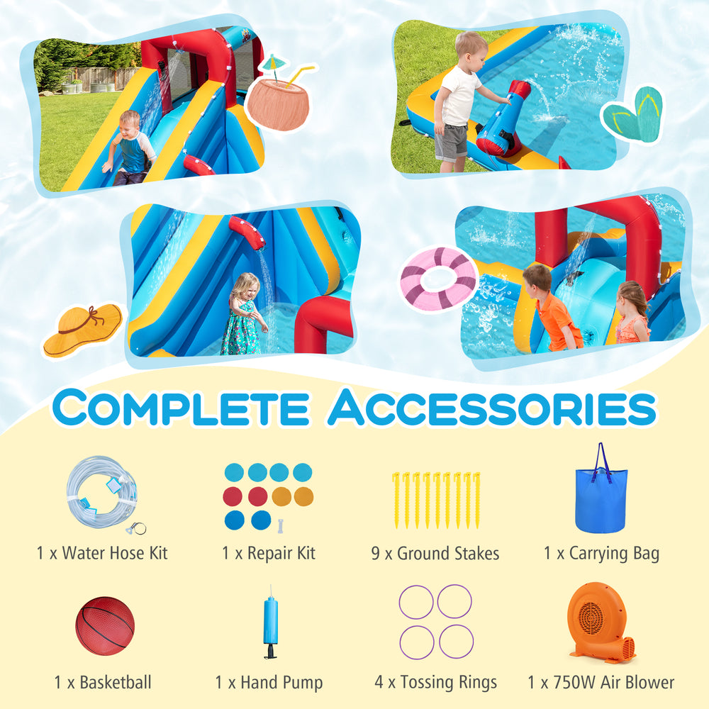 Inflatable Double Water Slide Park with water cannon, climbing wall, and complete accessories for outdoor fun.