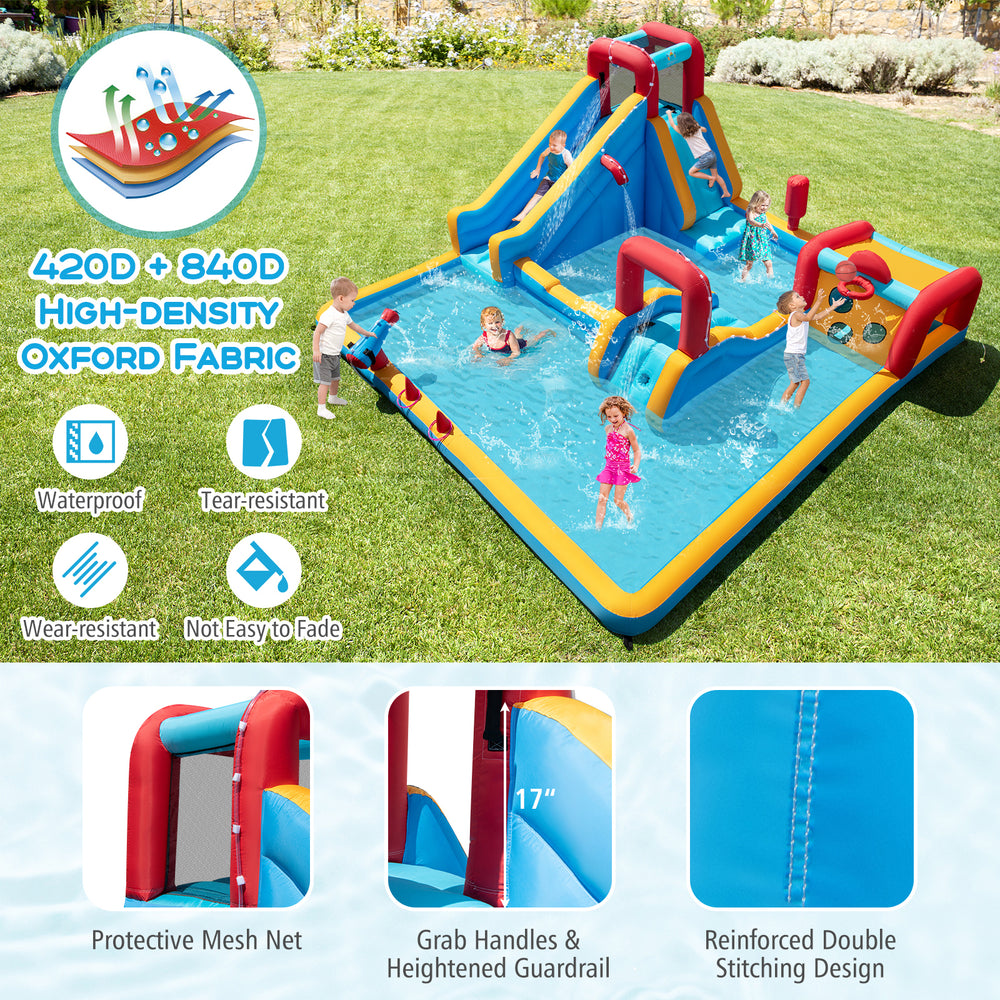 Inflatable Double Water Slide Park with climbing wall, water cannon, and games, made of durable 420D+840D Oxford fabric.