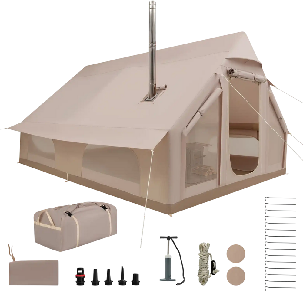 Beige inflatable 4-season waterproof camping tent for 6-10 people, featuring a stove jack and durable Oxford fabric.