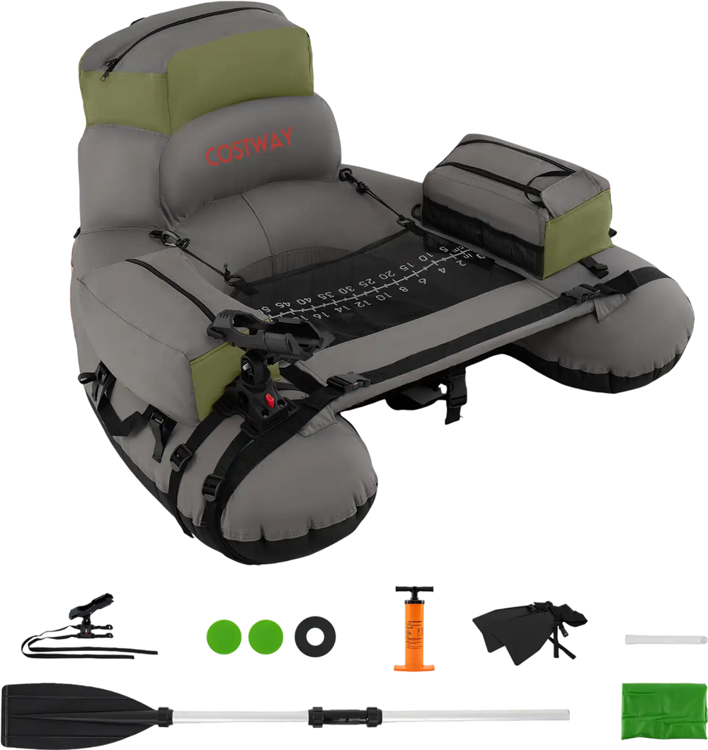 Inflatable fishing float tube in green with shoulder straps, storage bags, and fishing rod holder for lake angling.