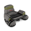 Inflatable fishing float tube in green with storage, shoulder straps, and rod holder for stable lake angling.