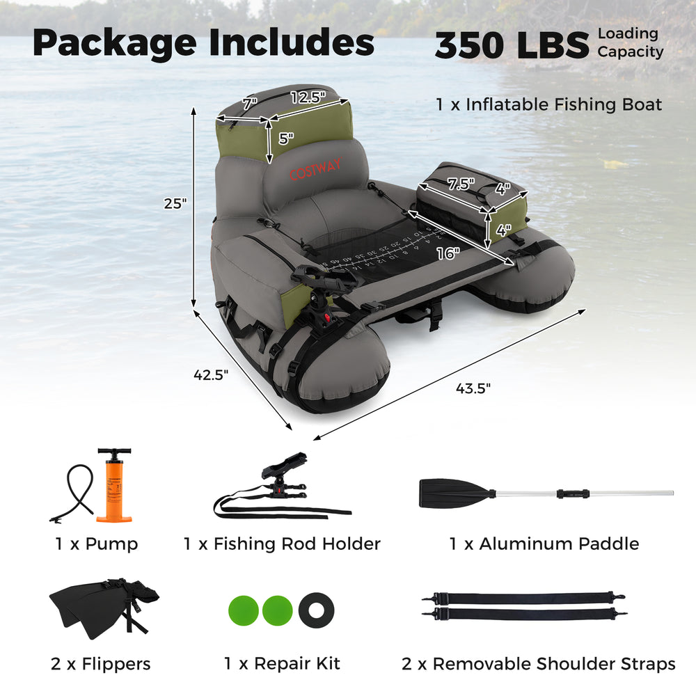 Inflatable fishing float tube in green with storage, rod holder, and adjustable straps for easy transport and stability.