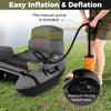 Inflatable fishing float tube in green with manual pump, showcasing easy inflation and durable construction for angling.