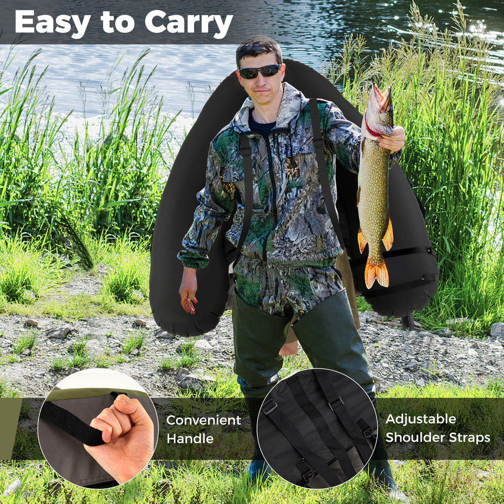 Inflatable fishing float tube in green with adjustable shoulder straps, convenient handle, and storage for angling gear.