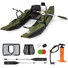 Inflatable fishing float tube in green with foldable padded seat, adjustable footrest, and storage accessories included.