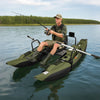 Inflatable fishing float tube in green with foldable padded seat, adjustable footrest, and rear storage basket for easy.
