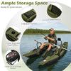 Inflatable fishing float tube in green with foldable padded seat, adjustable footrest, and ample storage pockets.