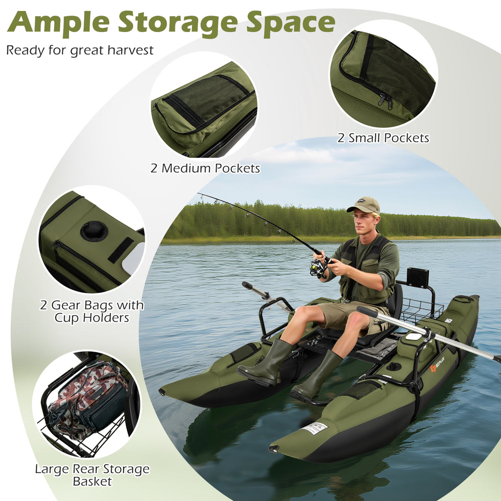 Inflatable fishing float tube in green with foldable padded seat, adjustable footrest, and ample storage pockets.