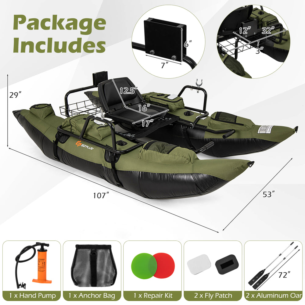 Inflatable fishing float tube in green featuring a detailed view of the motor mounting bracket and integrated storage.