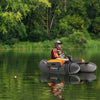 Inflatable fishing float tube in gray with storage pockets, fish ruler, and adjustable straps for stability and comfort.