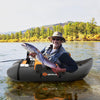 Inflatable fishing float tube in gray with storage pockets, fish ruler, and comfortable padded seat for water.