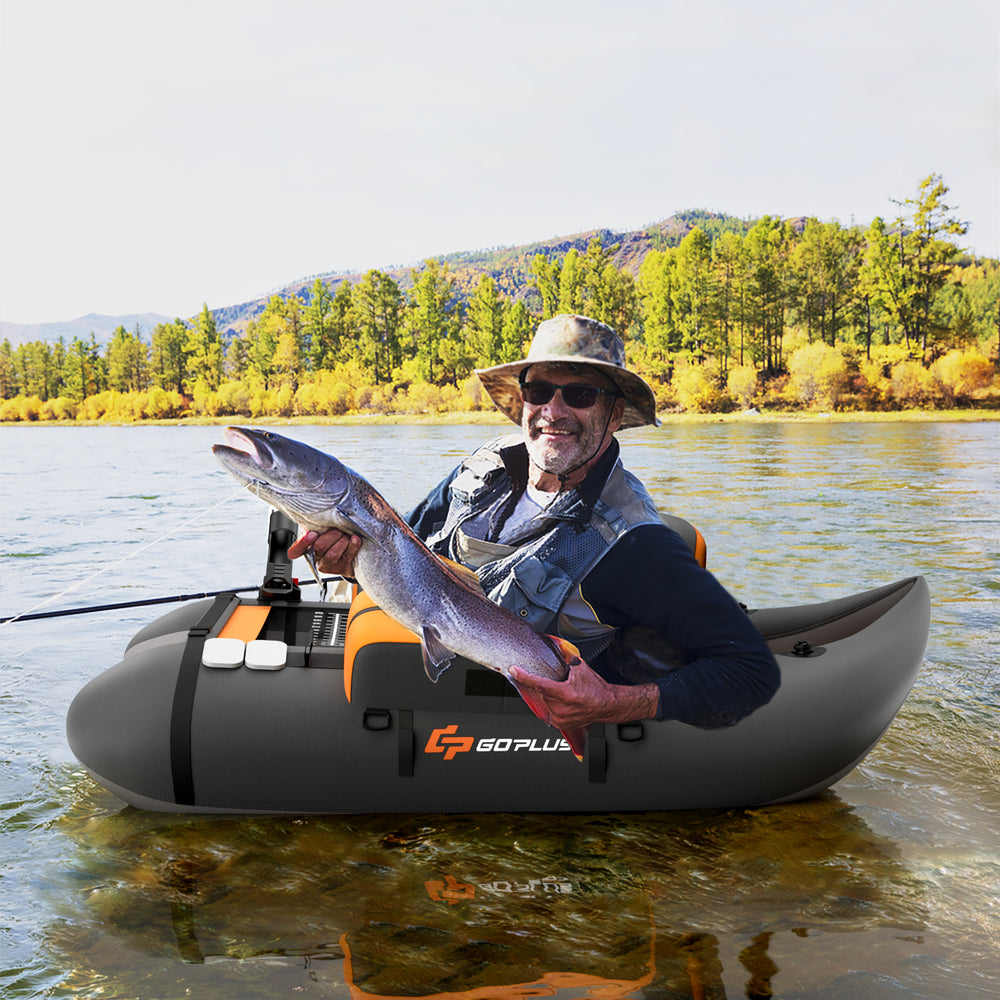 Inflatable fishing float tube in gray with storage pockets, fish ruler, and comfortable padded seat for water.