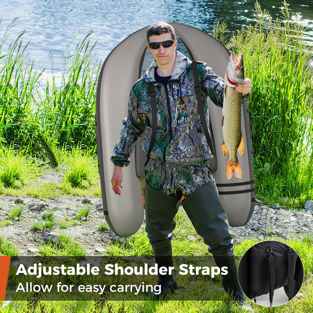 Inflatable fishing float tube in gray with adjustable shoulder straps, ideal for easy carrying and fishing adventures.