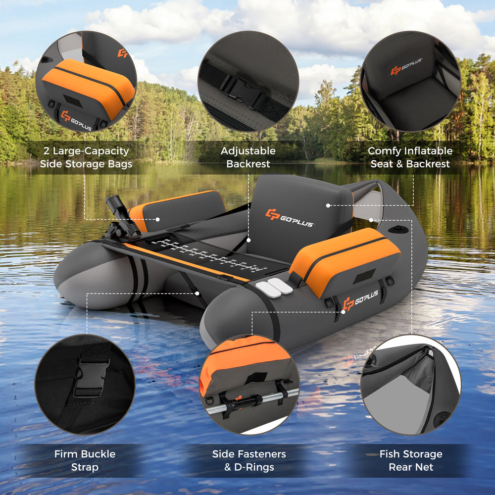 Inflatable fishing float tube in gray with adjustable backrest, storage pockets, and fish ruler for convenient fishing.