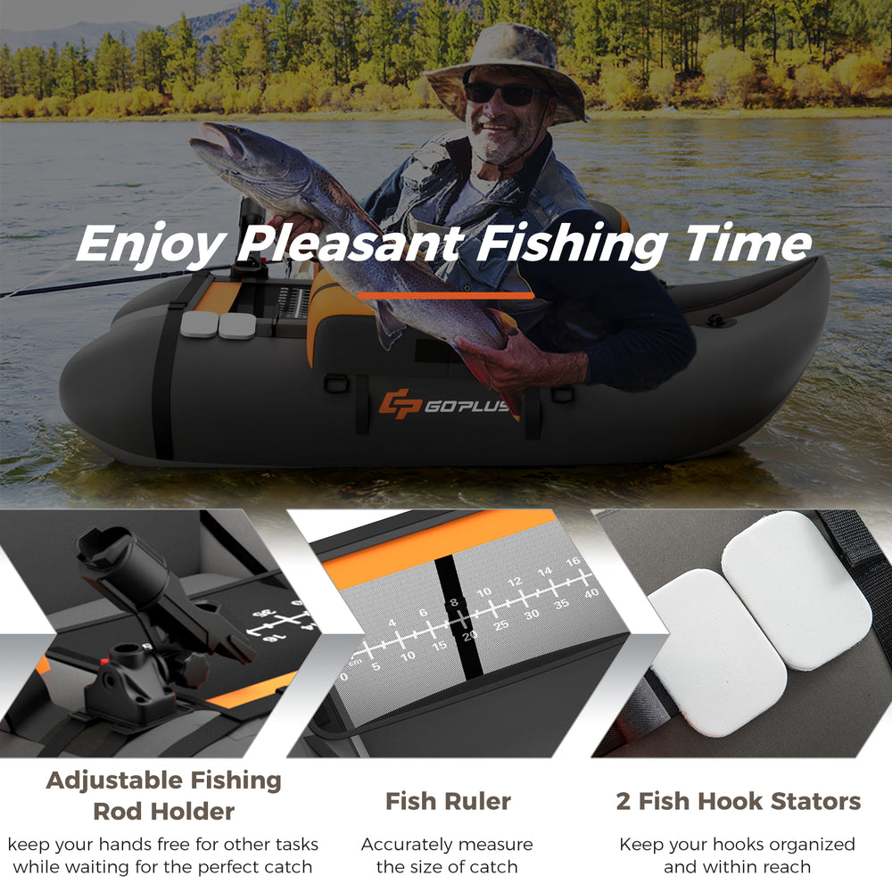 Close-up of the inflatable fishing float tube's adjustable fishing rod holder and fish ruler for precise measurements.