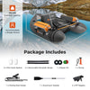 Inflatable fishing float tube in gray with storage pockets, fish ruler, and foot pump for easy transport and stability.