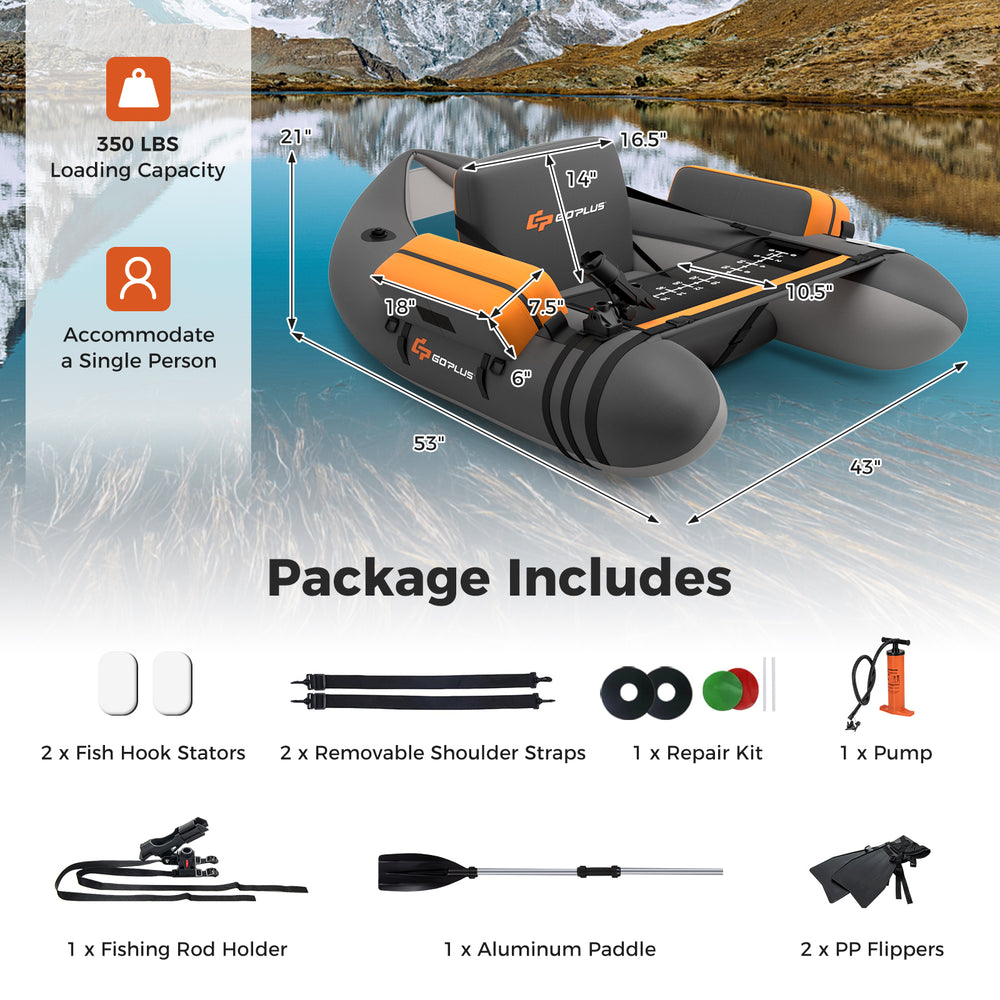 Inflatable fishing float tube in gray with storage pockets, fish ruler, and foot pump for easy transport and stability.