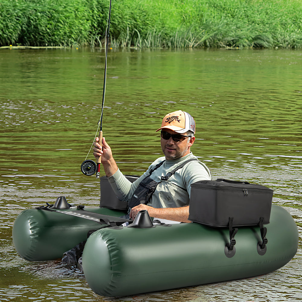 Inflatable fishing float tube in green with a sturdy angling base and reinforced PVC, perfect for a day on the water.