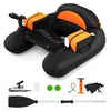 Inflatable float tube with adjustable fishing rod holder, orange accents, and storage boxes for fishing gear and snacks.