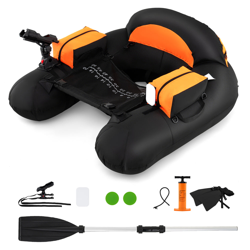 Inflatable float tube with adjustable fishing rod holder, orange accents, and storage boxes for fishing gear and snacks.