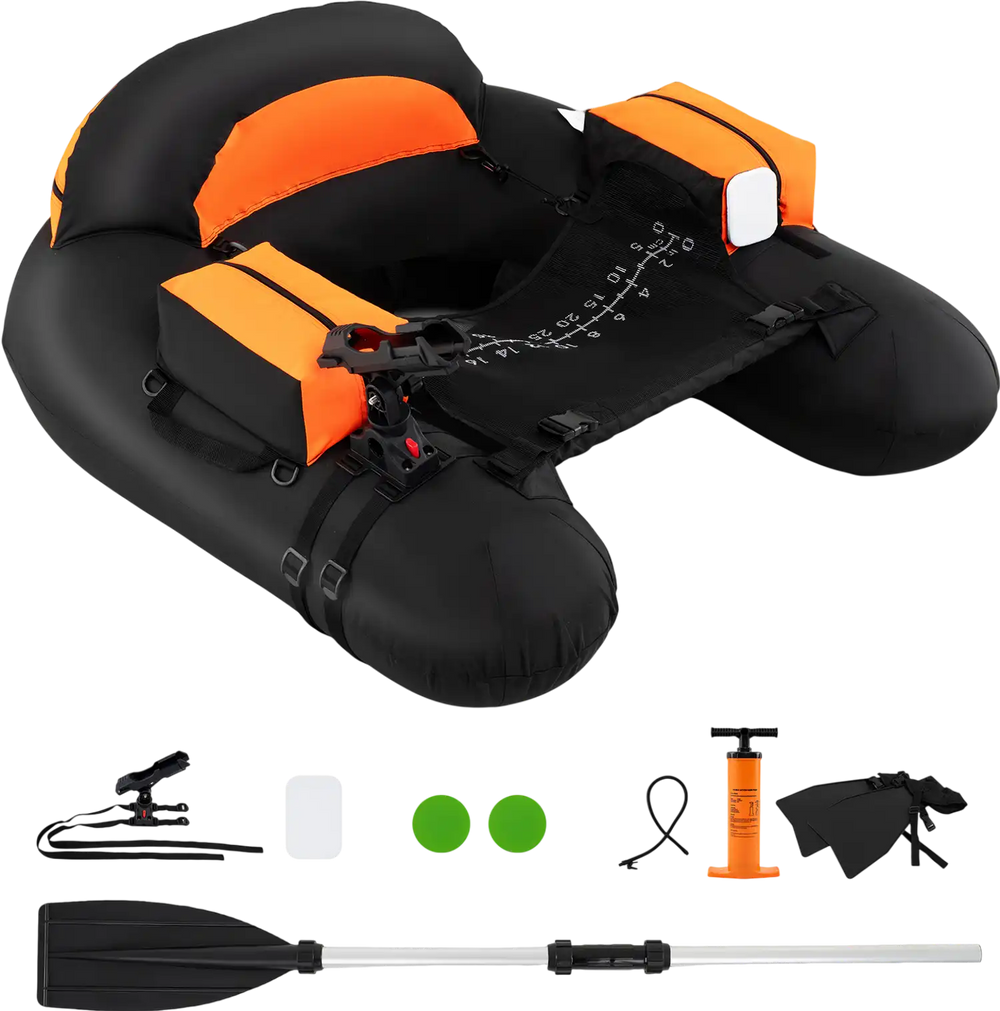 Inflatable float tube with inflated backrest, dual storage boxes, and dense fish ruler for comfortable fishing trips.