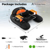 Inflatable float tube with adjustable fishing rod holder, 600D polyester cover, and storage boxes for fishing gear.
