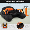 Inflatable float tube in orange with adjustable fishing rod holder, Boston valve, and manual pump for easy inflation.