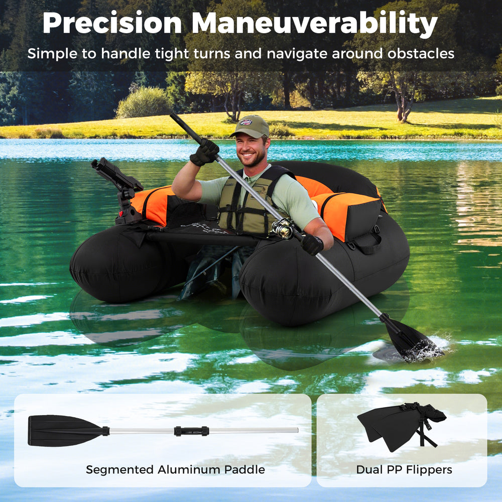 Inflatable float tube in orange with adjustable fishing rod holder and segmented aluminum paddle for precision.
