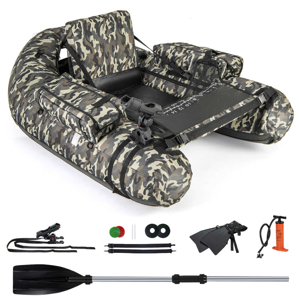 Inflatable float tube in camouflage with rod holder, storage pockets, and comfortable seat for fishing adventures.