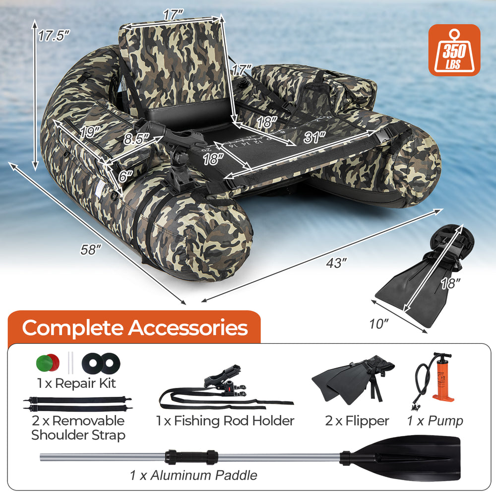 V-shape design of the camouflage inflatable float tube enhances stability and maneuverability for fishing adventures.