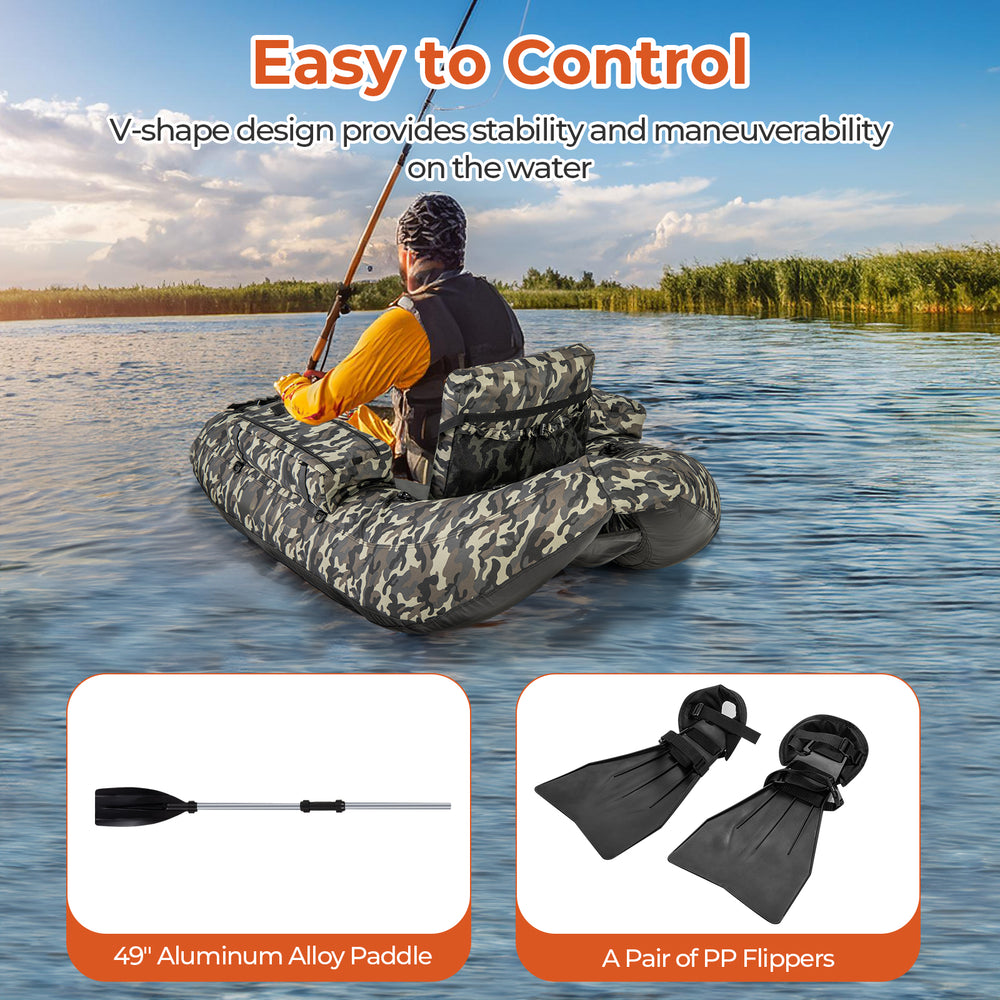 Inflatable float tube in camouflage with adjustable rod holder, 49" aluminum paddle, and storage pockets for fishing.