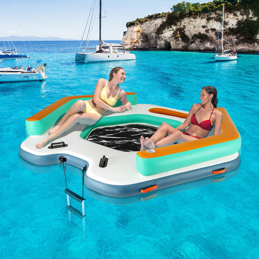 Inflatable 8.7 ft floating dock with detachable ladder, cup holders, and mesh lounge for up to 3 people on water.