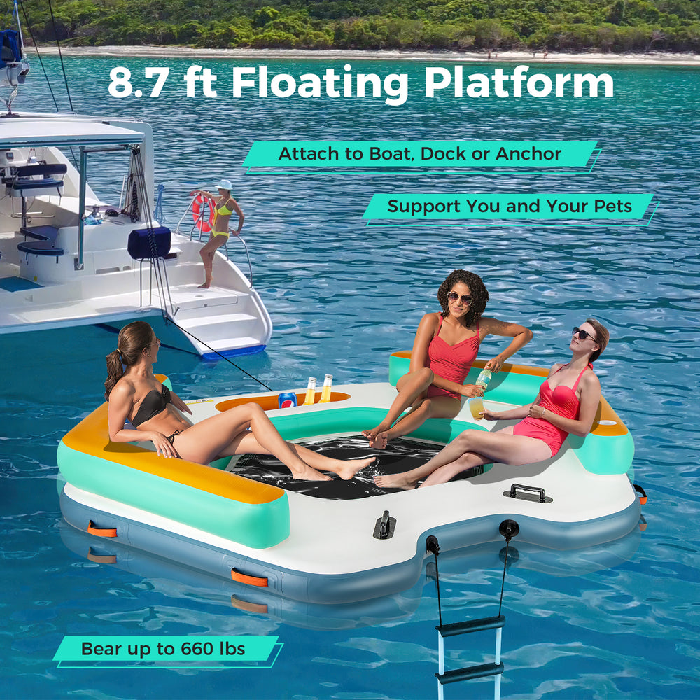 8.7 ft inflatable floating dock with detachable ladder, cup holders, and mesh lounge for up to 3 people on water.