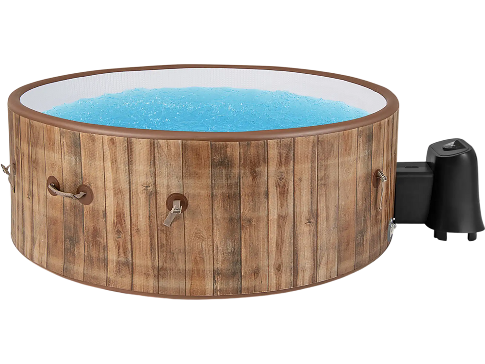 Inflatable hot tub with wood-like exterior, 120 air jets, and electric heater pump for 4-6 persons, ideal for.