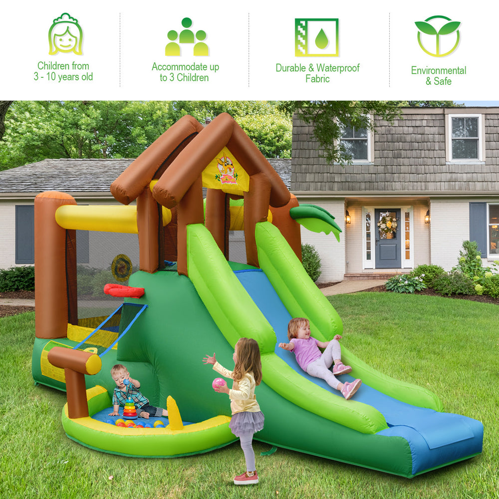 Kids inflatable jungle bounce house with slide, climbing wall, and safety nets, suitable for 3 children aged 3-10 years.