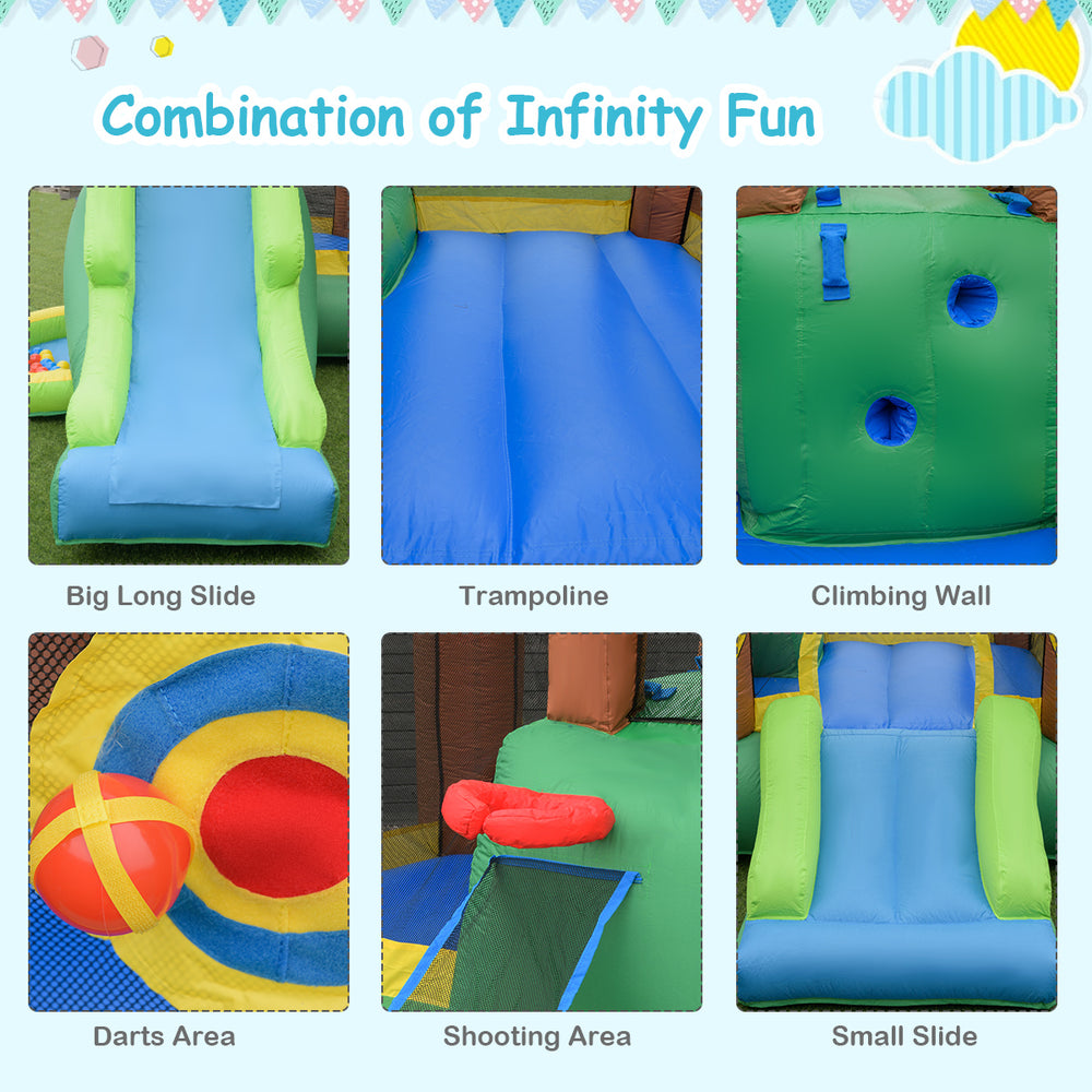 Kids inflatable bounce house featuring a slide, trampoline, climbing wall, and dart area for outdoor fun.