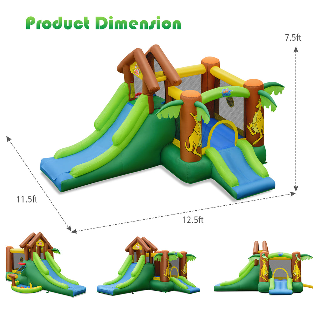 Kids inflatable jungle bounce house with slides and climbing wall, made of durable PVC fabric, ideal for outdoor fun.